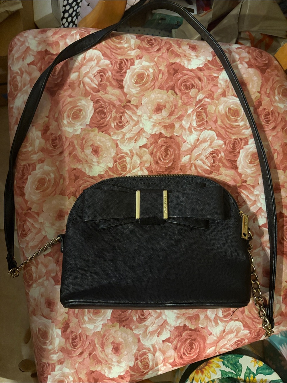 Black Crossbody Bag with Bow and Gold Accents - Women's Shoulder Bag
